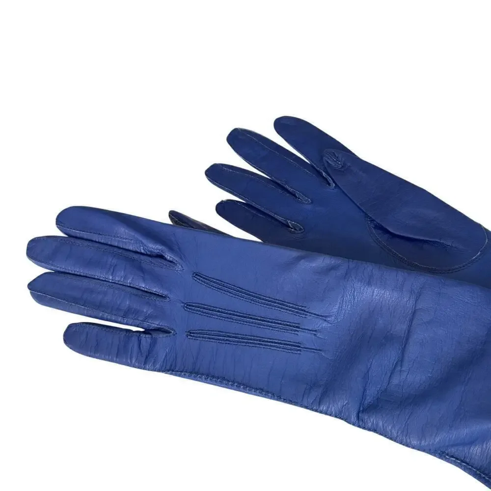 Vintage 13” Elbow Length Blue Kid Leather Women’s French Gloves 1950’s Size 6